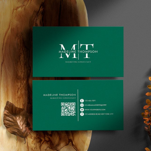 Modern Typography Monogram Emerald Green QR code Business Card (Creator Uploaded)