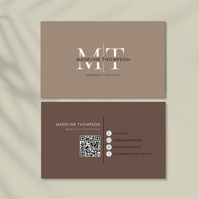 Modern Typography Monogram Khaki And Brown QR code Business Card (Creator Uploaded)