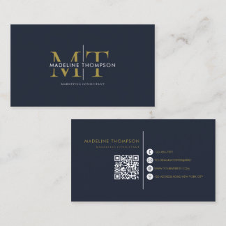 Modern Typography Monogram Navy Blue Gold QR code Business Card
