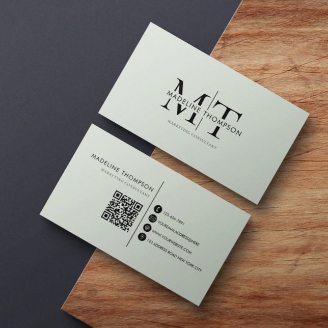 Modern Typography Monogram Sage Green QR code Business Card (Creator Uploaded)