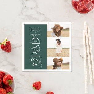 Modern typography multi photo graduate dark green napkin