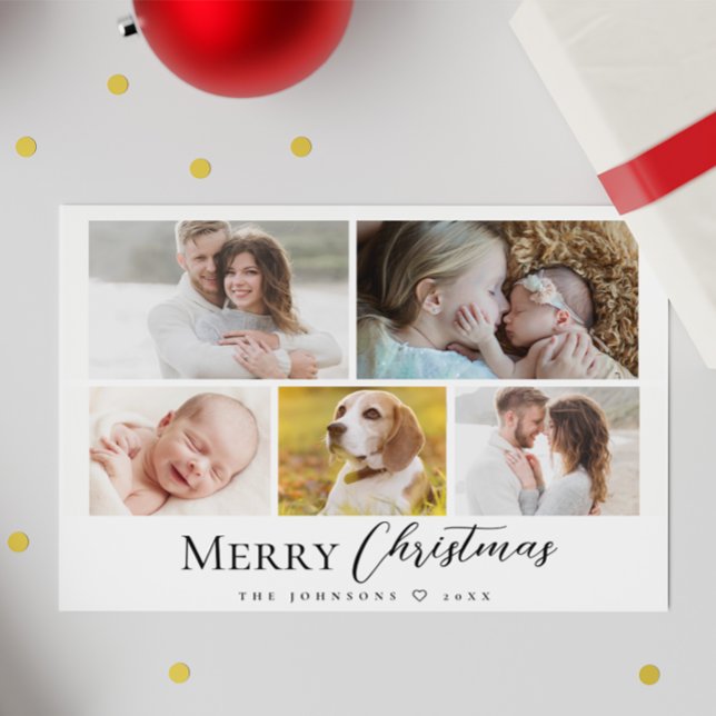 Modern Typography Multi photo Merry Christmas Holiday Card (Merry Christmas family photo collage simple holiday card.)