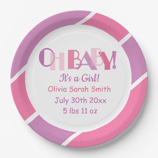  Modern Typography Oh Baby Pink Baby Shower Paper  Paper Plate (Front)