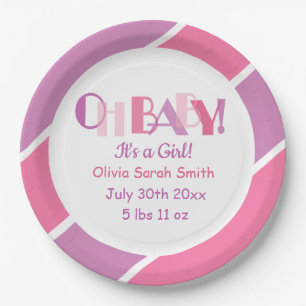 Modern Typography Oh Baby Pink Baby Shower Paper Plate
