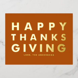 Modern Typography Orange Happy Thanksgiving Gold Foil Holiday Postcard