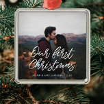 Modern typography Our First Christmas couple photo Metal Ornament<br><div class="desc">A modern typography for this photo ornaments collection. To customize with your favourite picture. You can also easily change the colour of the font to your liking.</div>