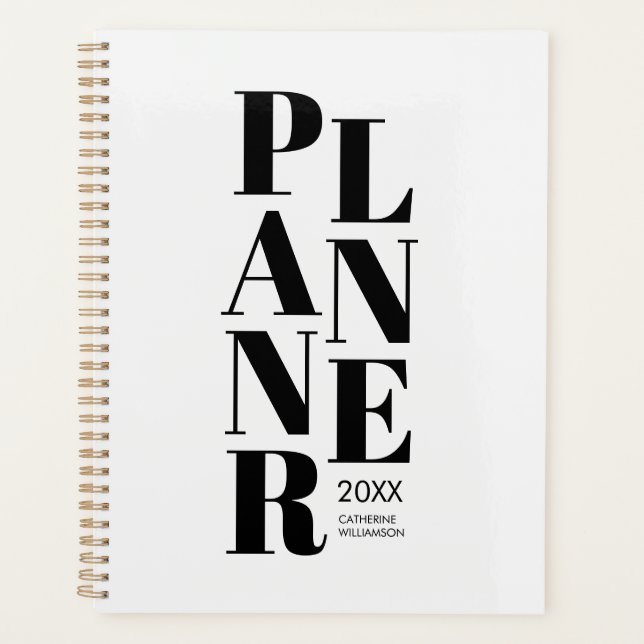 Modern Typography Personalized Black and White Planner (Front)
