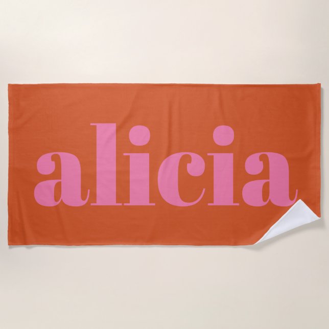 Modern Typography Personalized Name | Pink Orange  Beach Towel (Front)