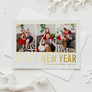 Modern Typography Photo Collage Happy New Year Foil Holiday Postcard