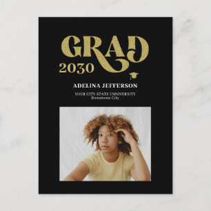 Modern typography photo gold black graduation announcement postcard