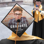 Modern Typography Photo Graduation Cap Topper<br><div class="desc">Celebrate the milestone in style! Our personalized graduation cap toppers showcase a full-colour photo of the graduate, flanked by a sleek black overlay. This unique keepsake is not only garnished with the graduate's name and their class year but also the proud school or college they attended. A perfect blend of...</div>