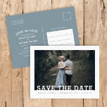Modern Typography Photo Overlay Save the Date Announcement Postcard<br><div class="desc">Affordable custom printed wedding Save the Date postcards with an easy to use template and fully editable fonts and colours. This cool minimalist design features a simple photo overlay with modern slab serif fonts. Personalize it with your wedding details and engagement photo with additional details on the back side. Use...</div>