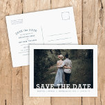 Modern Typography Photo Overlay Save the Date Announcement Postcard<br><div class="desc">Affordable custom printed wedding Save the Date postcards with an easy to use template and fully editable fonts and colours. This cool minimalist design features a simple photo overlay with modern slab serif fonts. Personalize it with your wedding details and engagement photo with additional details on the back side. Use...</div>