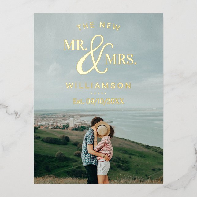 Modern Typography Photo Wedding Thank You Real Foil Invitation Postcard (Front)