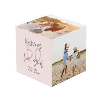 modern typography pink girly black 50th birthday cube