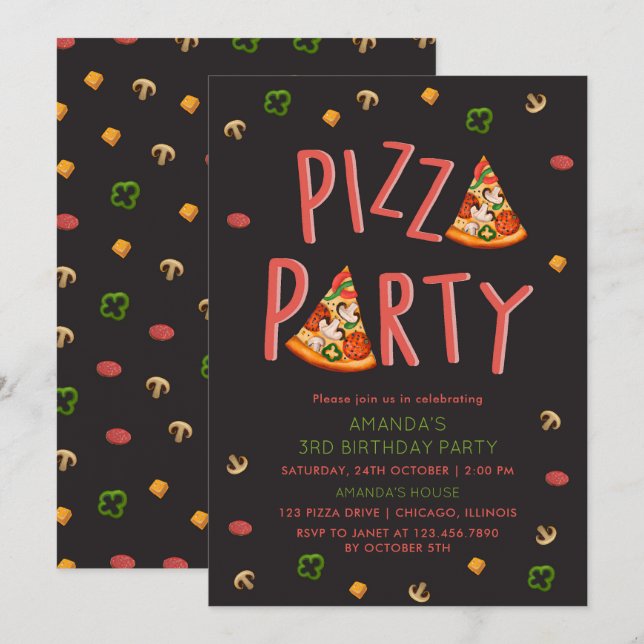 Modern Typography Pizza Slices Kids Birthday Party Invitation (Front/Back)