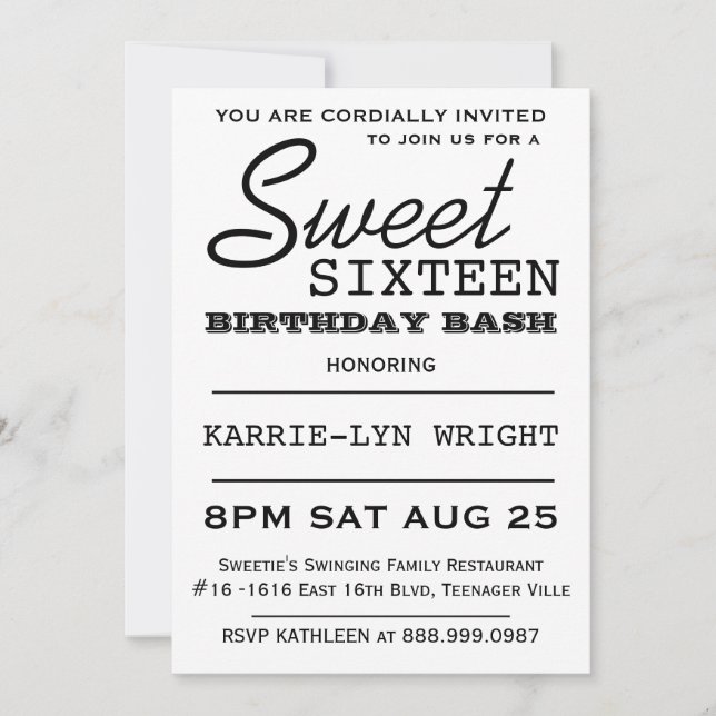 Modern Typography Poster Style Sweet 16 Party Invitation (Front)