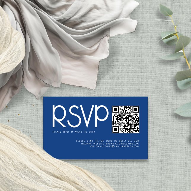 Modern Typography QR Code Blue Wedding RSVP Enclosure Card (Creator Uploaded)