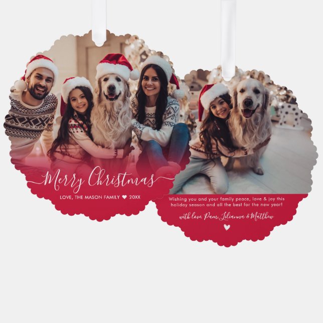 Modern Typography Red 2 Photo Christmas Ornament Card (Front/Back)