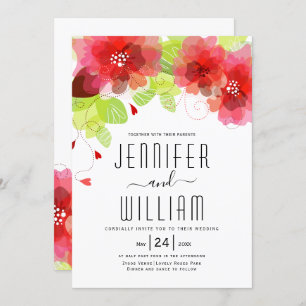 Modern typography red flowers floral wedding invitation