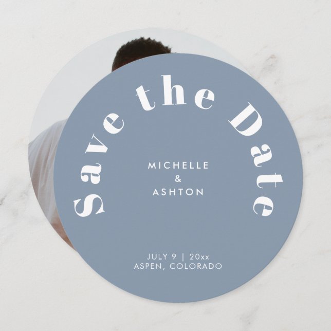 Modern Typography Round Circle Dusty Blue Save The Date (Front/Back)