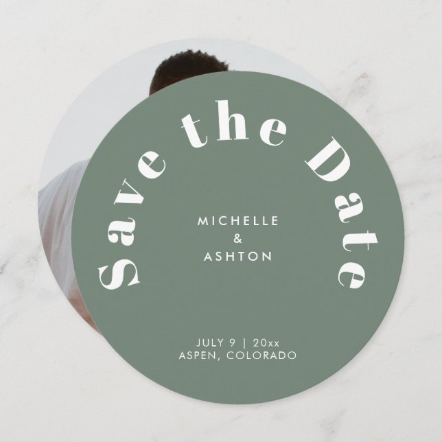 Modern Typography Round Circle Sage Green Save The Date (Front/Back)