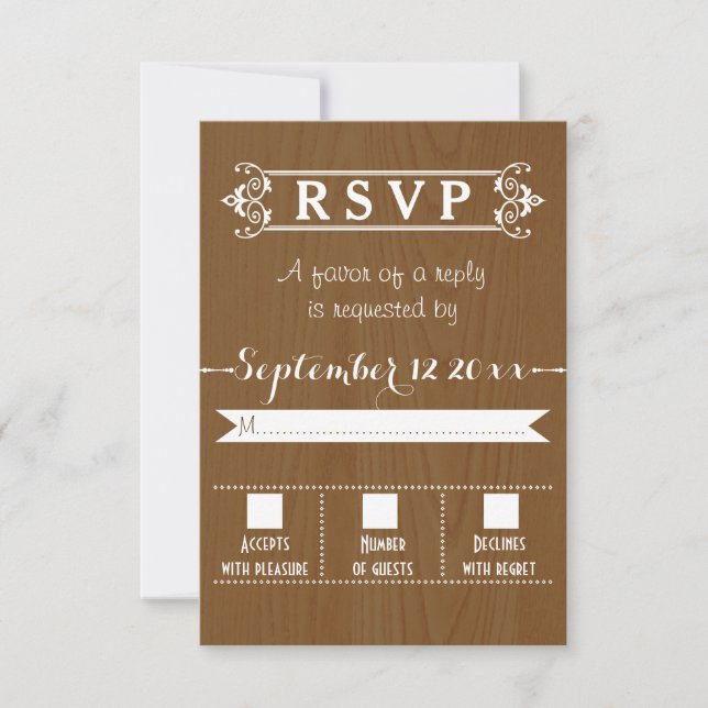 Modern typography rustic wood wedding RSVP Card (Front)