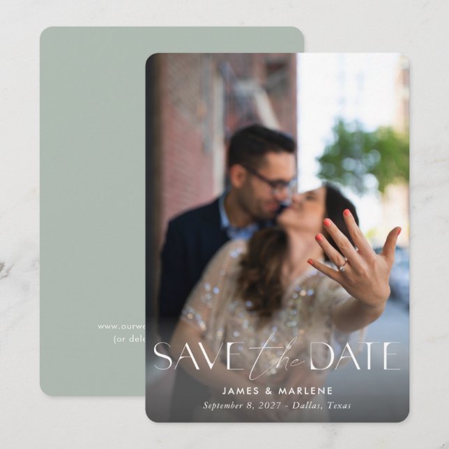 Modern Typography Sage Green Photo Wedding Save The Date (Front/Back)