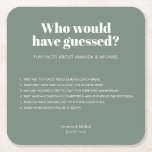 Modern Typography Sage Green Wedding Fun Facts Square Paper Coaster<br><div class="desc">Who would have guessed these things about the bride and groom? Modern design with bold typography in Sage Green for these wedding fun facts coasters: Fill in your own names, date and fun facts about your relationship and surprise your wedding guests. Delete the last text box to make room for...</div>