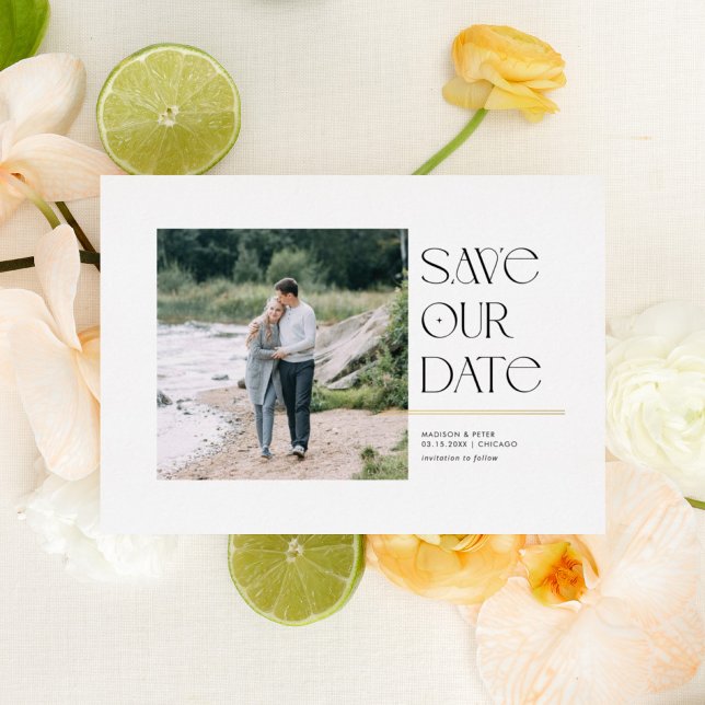 Modern Typography Save the Date Square Photo (Gold foil save the date with modern typography)