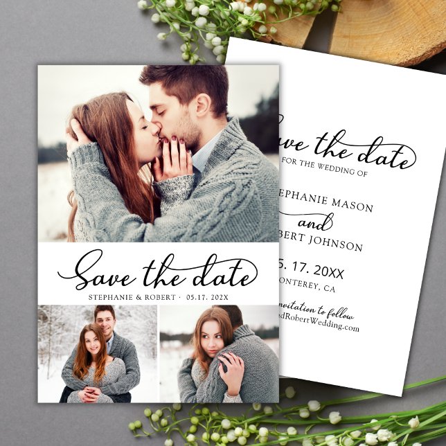 Modern Typography Script 3 Photo Collage Wedding Save The Date (Creator Uploaded)