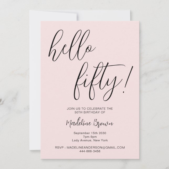 Modern Typography Script Blush Pink 50th Birthday Invitation (Front)
