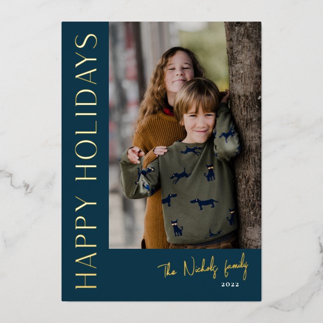 Modern typography simple photo happy holidays foil holiday card (Front)