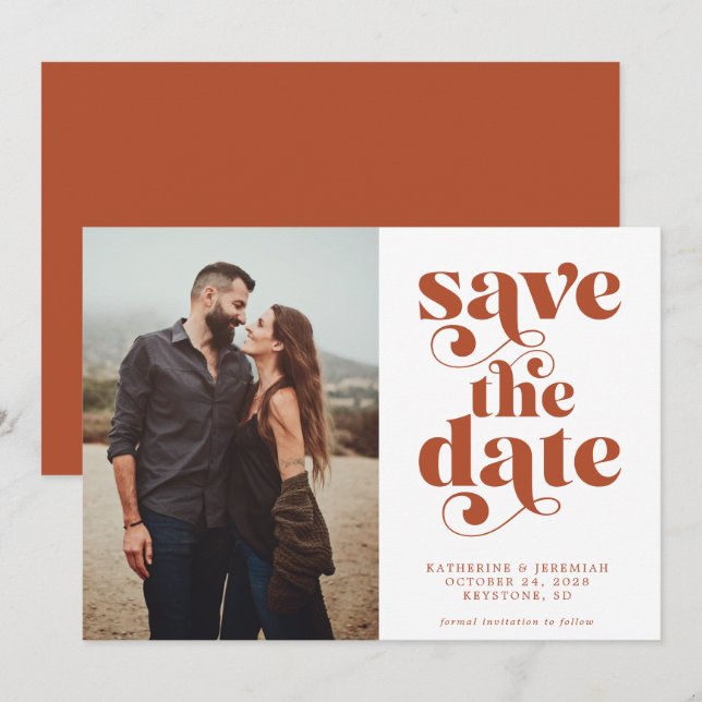 Modern Typography Terracotta Photo Save the Date (Front/Back)
