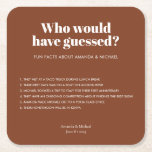 Modern Typography Terracotta Wedding Fun Facts Square Paper Coaster<br><div class="desc">Who would have guessed these things about the bride and groom? Modern design with bold typography in Terracotta Burnt Orange for these wedding fun facts coasters: Fill in your own names, date and fun facts about your relationship and surprise your wedding guests. Delete the last text box to make room...</div>