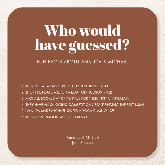 Modern Typography Terracotta Wedding Fun Facts Square Paper Coaster (Front)