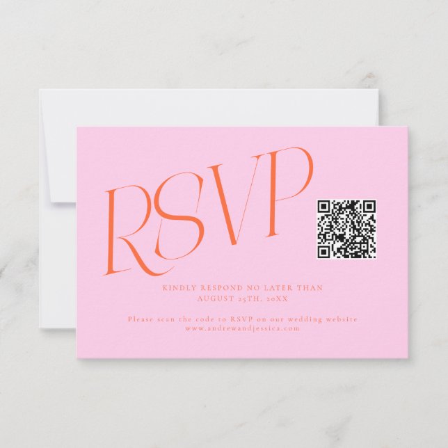 Modern Typography Wedding QR Code Orange Pink RSVP Card (Front)