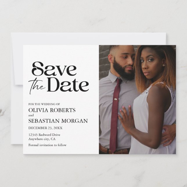 Modern Typography White Photo Wedding Save The Date (Front)