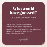 Modern Typography Wine Red Wedding Fun Facts Square Paper Coaster<br><div class="desc">Who would have guessed these things about the bride and groom? Modern design with bold typography in deep Wine Red Burgundy for these wedding fun facts coasters: Fill in your own names, date and fun facts about your relationship and surprise your wedding guests. Delete the last text box to make...</div>