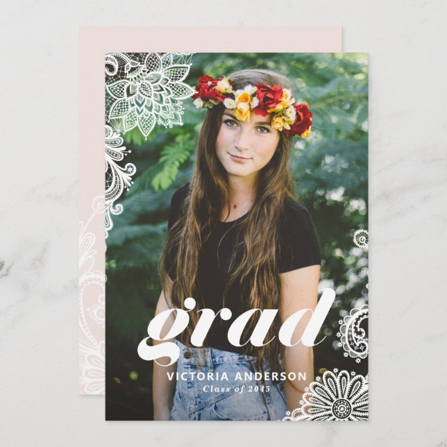 Modern Typography with Lace Photo Graduation Party Invitation (Front/Back)