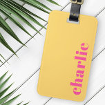 Modern typography yellow and hot pink luggage tag<br><div class="desc">Modern,  minimal luggage tag with your custom name or text aligned vertically to the right on a yellow background.</div>