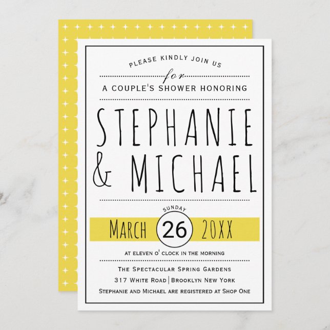 Modern typography yellow wedding couple's shower invitation (Front/Back)