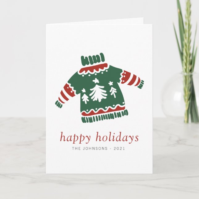 Modern Ugly Red and Green Knitted Sweater Holiday Card (Front)