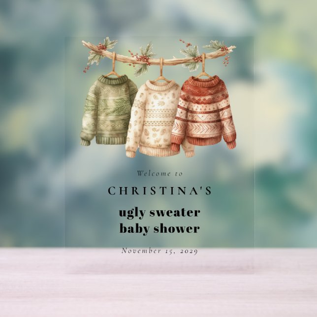 Modern Ugly Sweater Baby Shower Welcome  Acrylic Sign (Neutral)
