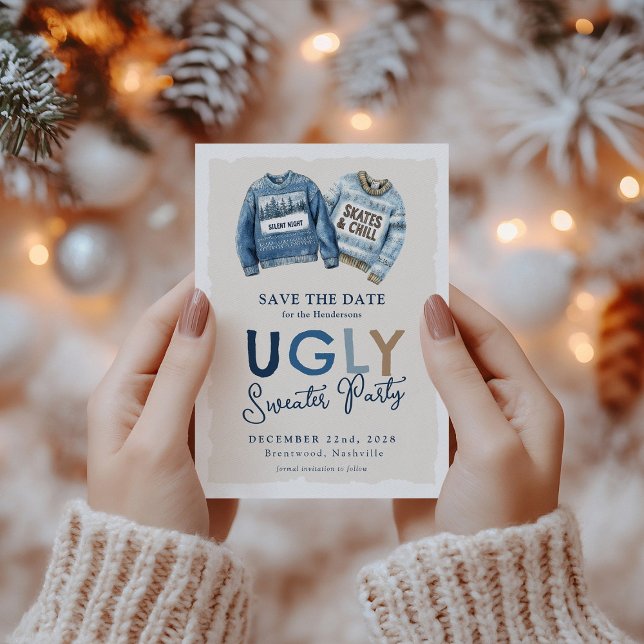 Modern Ugly Sweater Party Save the Date Holiday Postcard (Creator Uploaded)