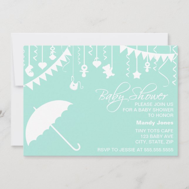 Modern umbrella mint baby shower invitation (Front)