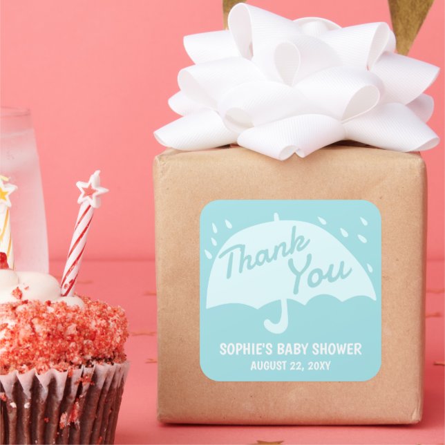 Modern Umbrella Rain Baby Shower Boy Thank You Square Sticker (Party)