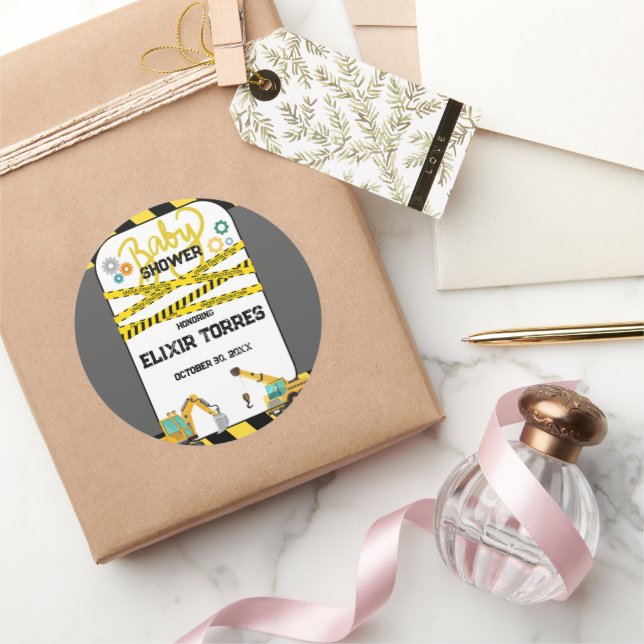 Modern Under Construction Baby Shower Classic Round Sticker (Gifting)