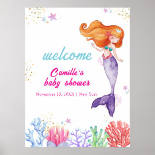 Modern Under Sea Mermaid Coral Baby Shower Welcome Poster