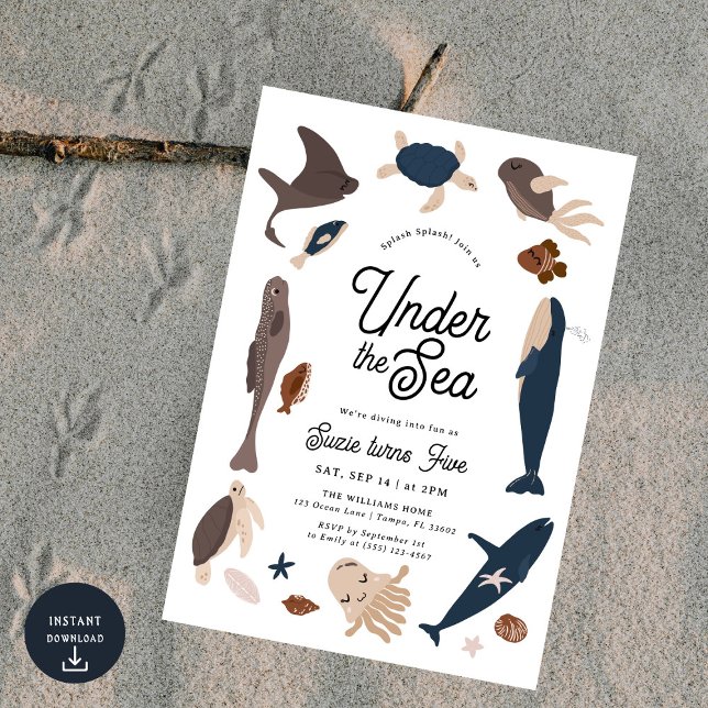 Modern Under the Sea 5th Birthday Invitation (Creator Uploaded)